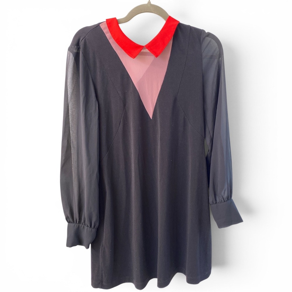 BCBGeneration Black Colorblock Sheer Sleeve Mini Dress Red Collar Pink Mesh Smal